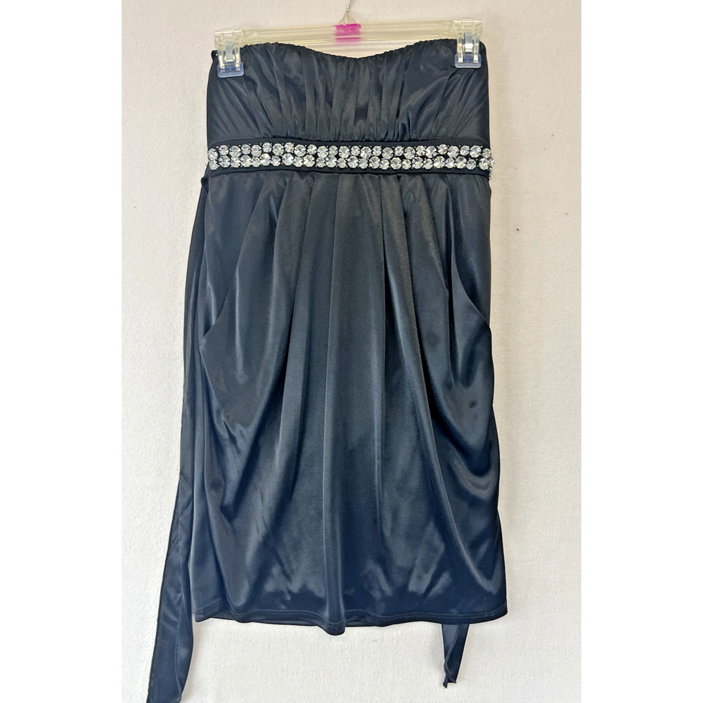 Vintage Deb black Dress Small Y2K strapless rhinestones pockets satin mini‎ HOCO